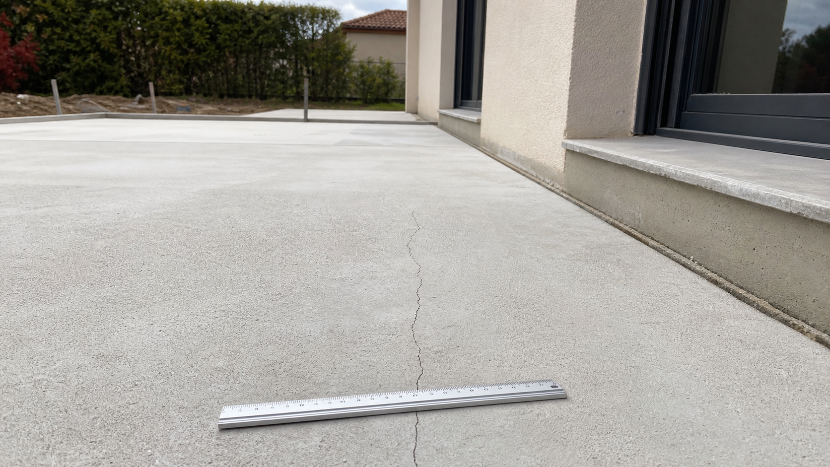 Fine fissure contrôlée sur une dalle béton extérieure