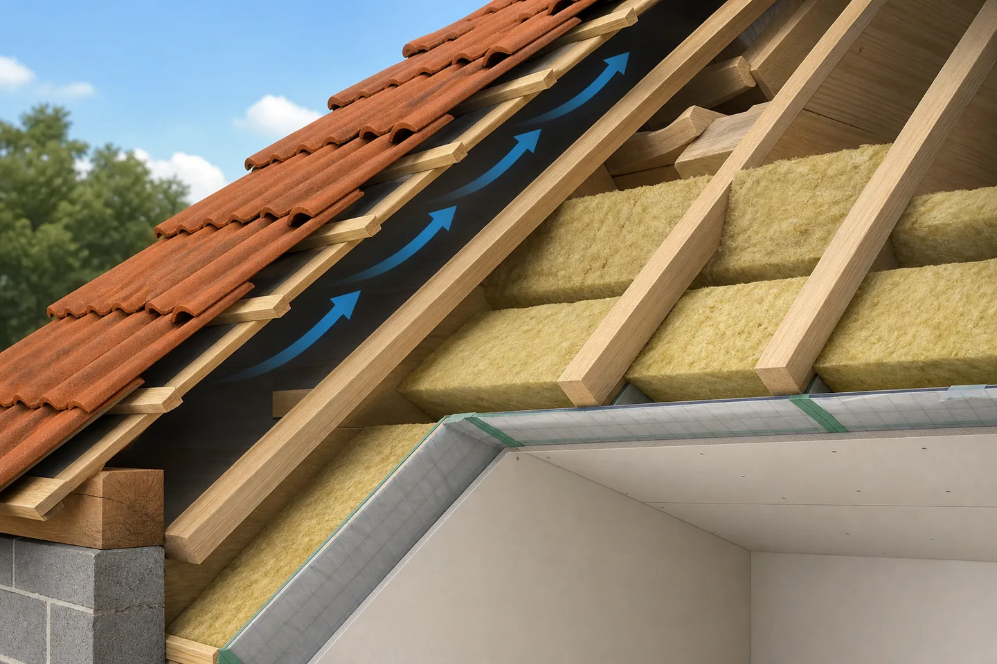 Coupe d'une paroi intérieure montrant l'importance de la ventilation et d'une membrane adaptée