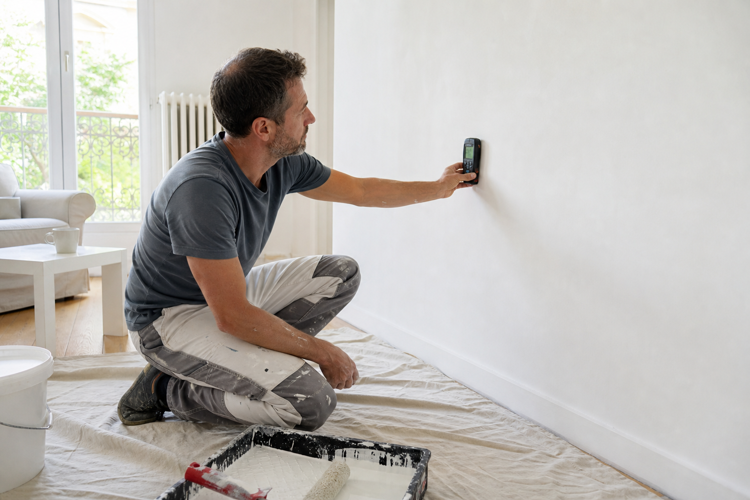Mur sec contrôlé avant peinture après un dégât des eaux